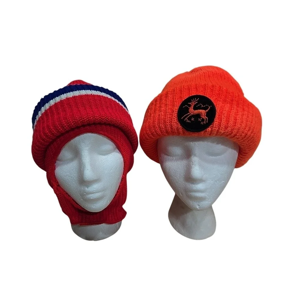Vintage Lot Beanie‎ Hat Cuffed Knit Adult OSFA Winter Cap Red White Blue Orange